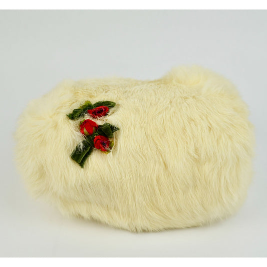 Vintage Cream Rabbit Fur Hand Muff Genuine with Festive Red & Green Accents