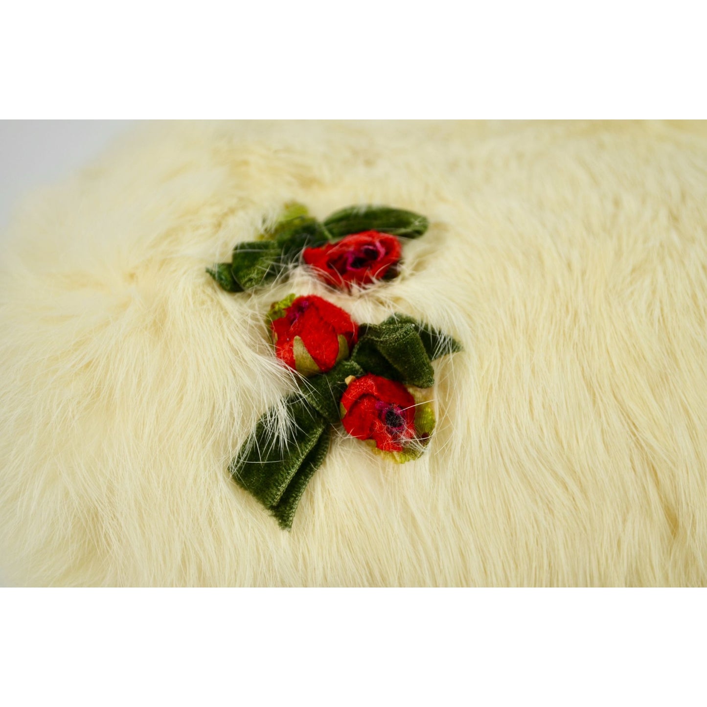 Vintage Cream Rabbit Fur Hand Muff Genuine with Festive Red & Green Accents