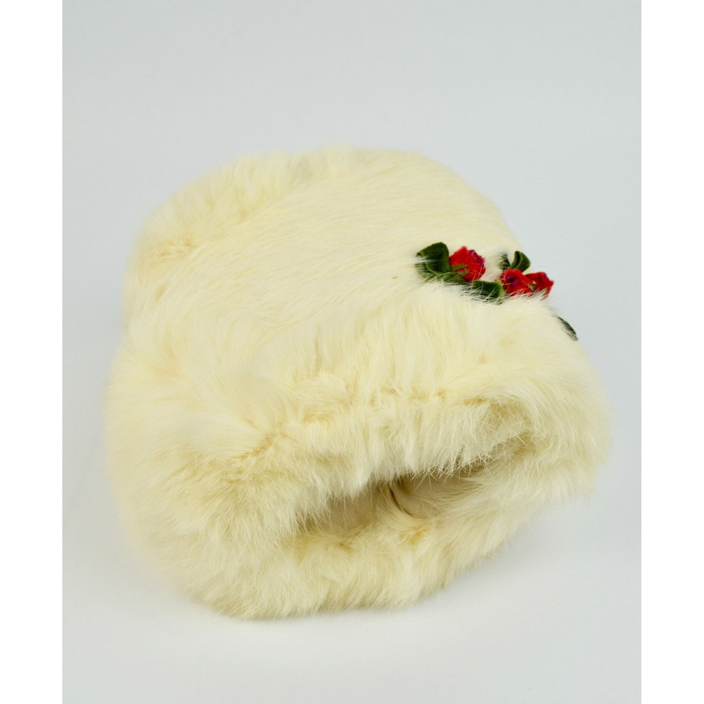 Vintage Cream Rabbit Fur Hand Muff Genuine with Festive Red & Green Accents