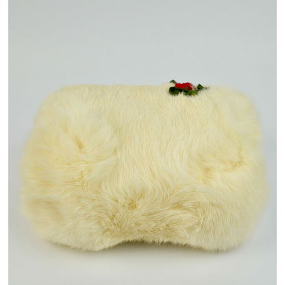Vintage Cream Rabbit Fur Hand Muff Genuine with Festive Red & Green Accents
