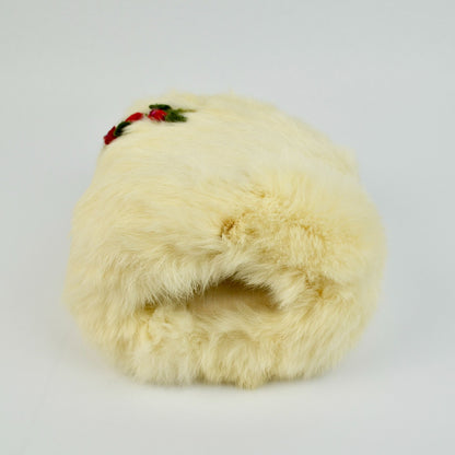 Vintage Cream Rabbit Fur Hand Muff Genuine with Festive Red & Green Accents