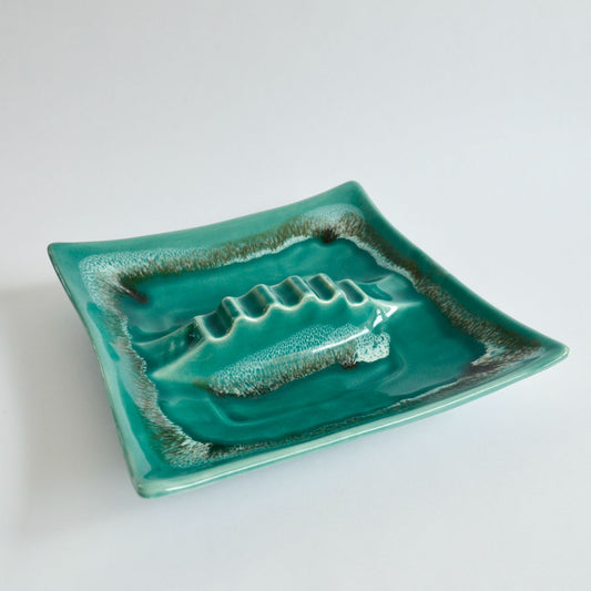 MCM Teal Blue Drip Glaze Pottery Ceramic Ashtray Large Vintage