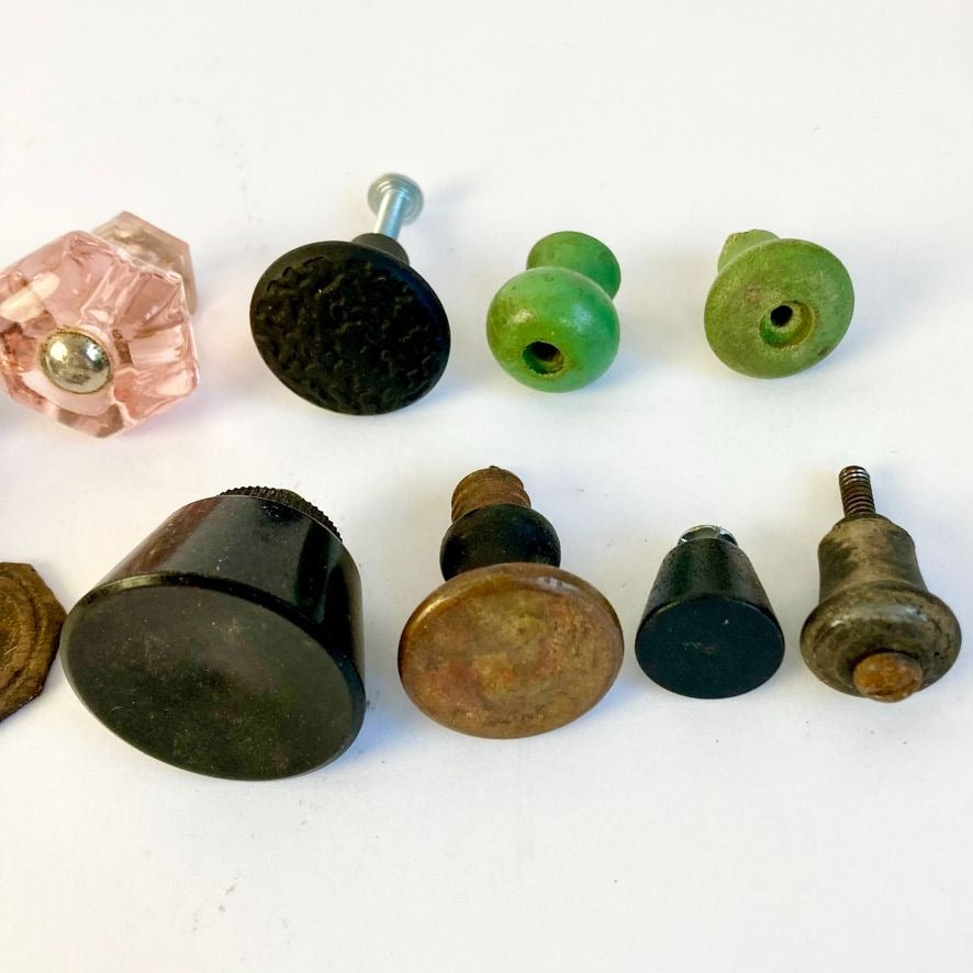 Lot Vintage Drawer Pulls Antique Hardware Knobs Pink Glass Wood Porcelain Copper
