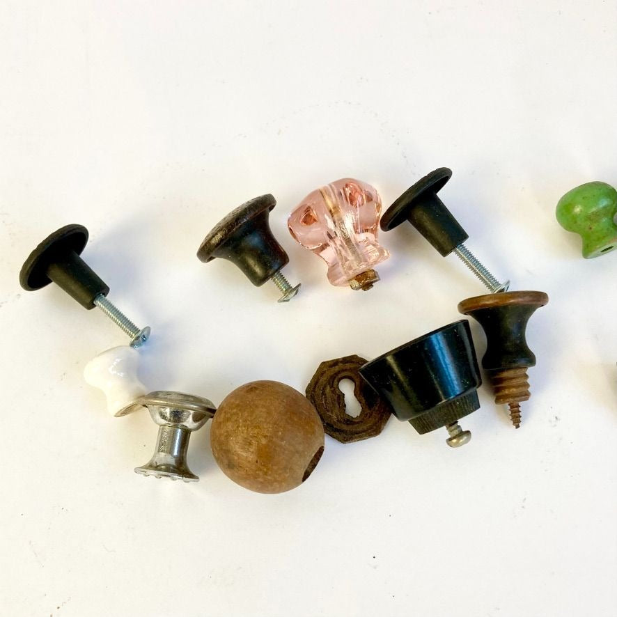 Lot Vintage Drawer Pulls Antique Hardware Knobs Pink Glass Wood Porcelain Copper