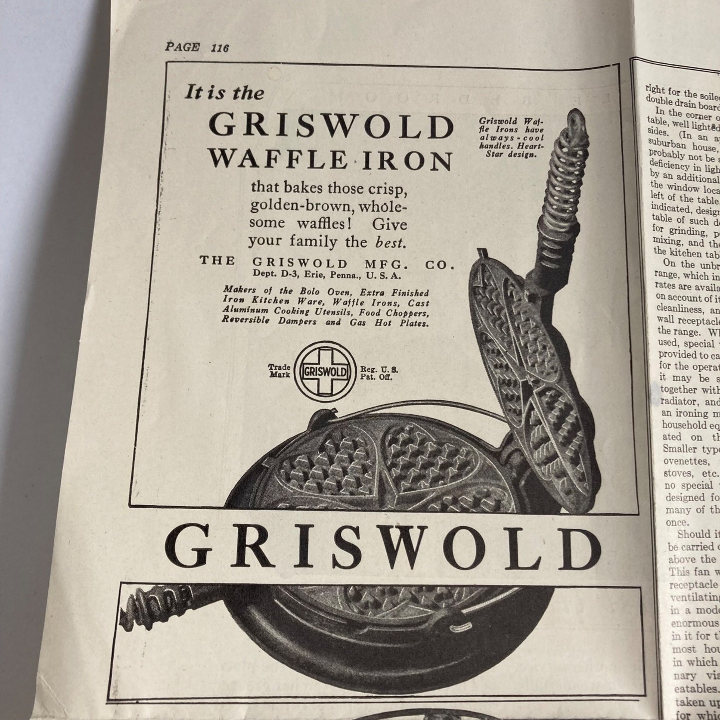 Antique 1924 Griswold Waffle Iron Newspaper Advertisement Ad Vintage