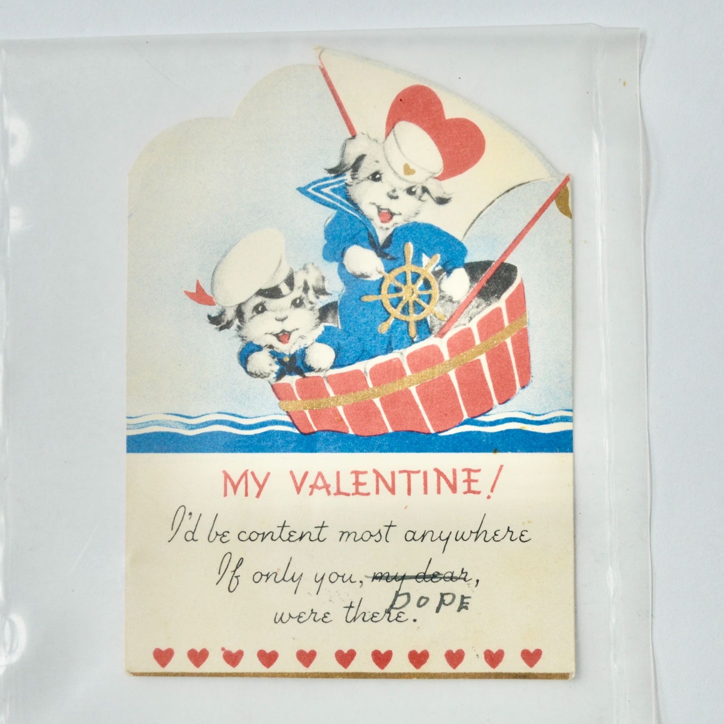 Vintage Valentine Card Sailor Dogs in Tub Boat