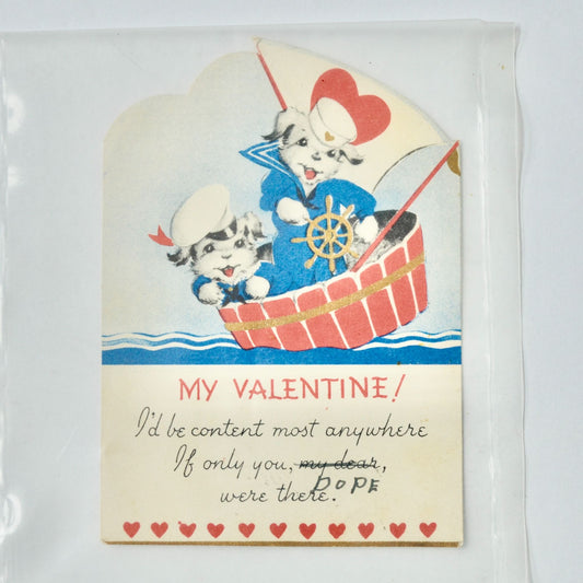 Vintage Valentine Card Sailor Dogs in Tub Boat