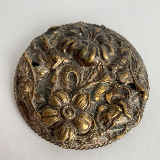 Vintage Victorian Brass Floral Embossed Brooch  2.5"