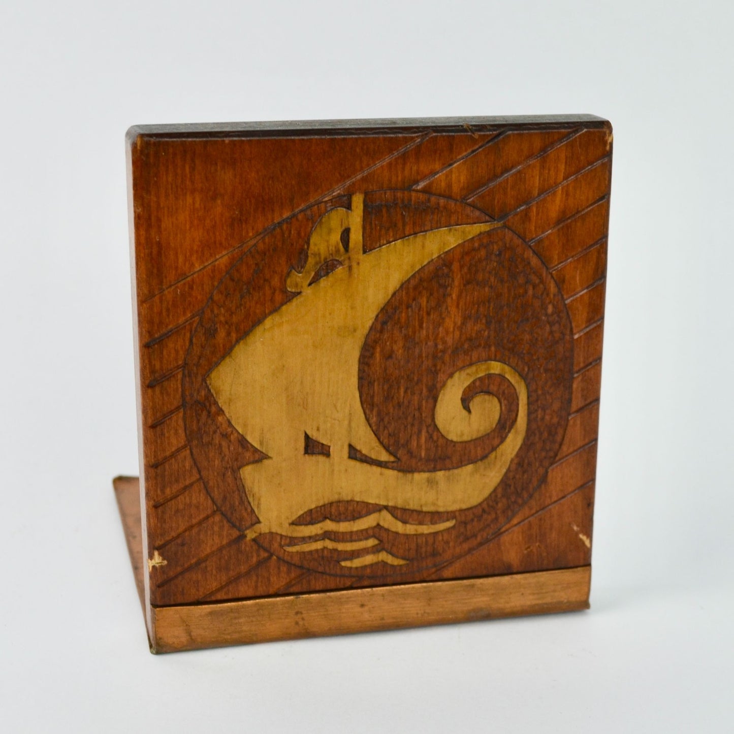 Vintage Solid Wood & Copper Carved Bookend Single