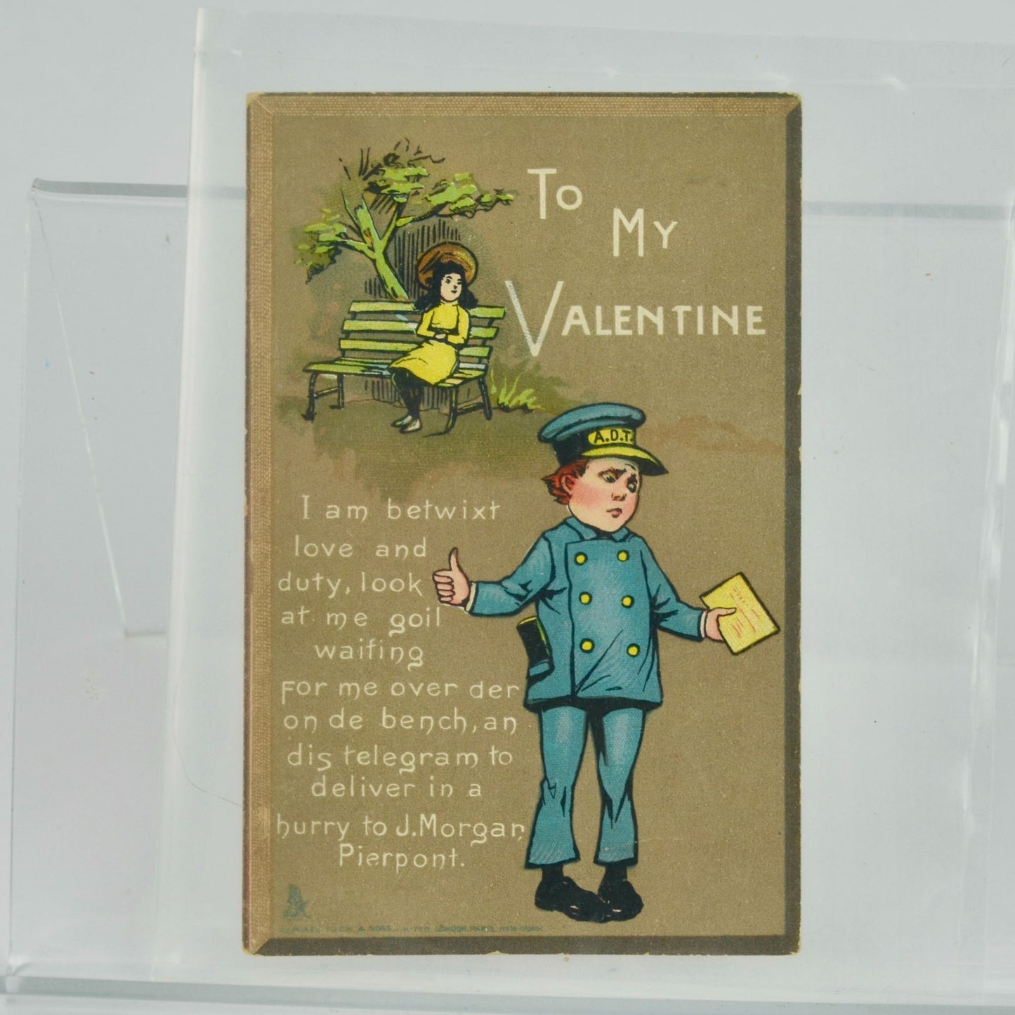 To My Valentine Vintage Card Mailman Lady on Bench