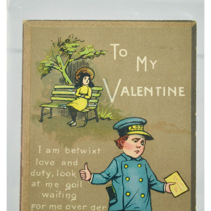 To My Valentine Vintage Card Mailman Lady on Bench