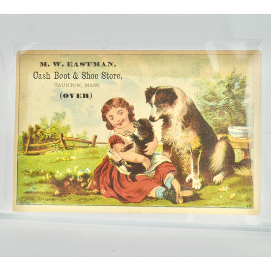 M. W. Eastman Cash Boot Shoe Store Victorian Trade Card Girl Dogs