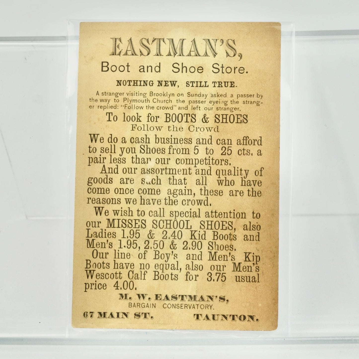 M. W. Eastman Cash Boot Shoe Store Victorian Trade Card Girl Dogs