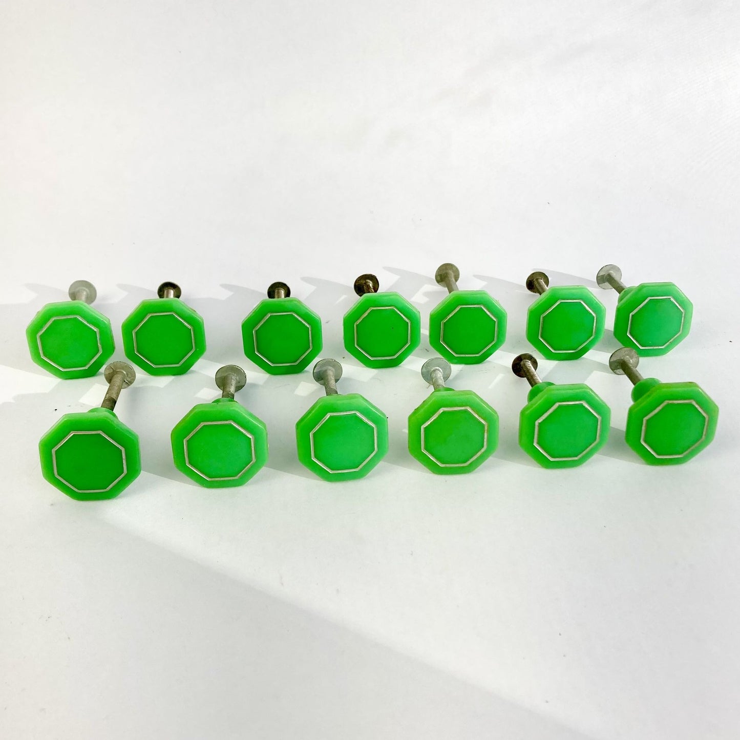 Vintage Lot 13 Bakelite Green Octagon Knobs 1-1/4" Art Deco Drawer Pulls