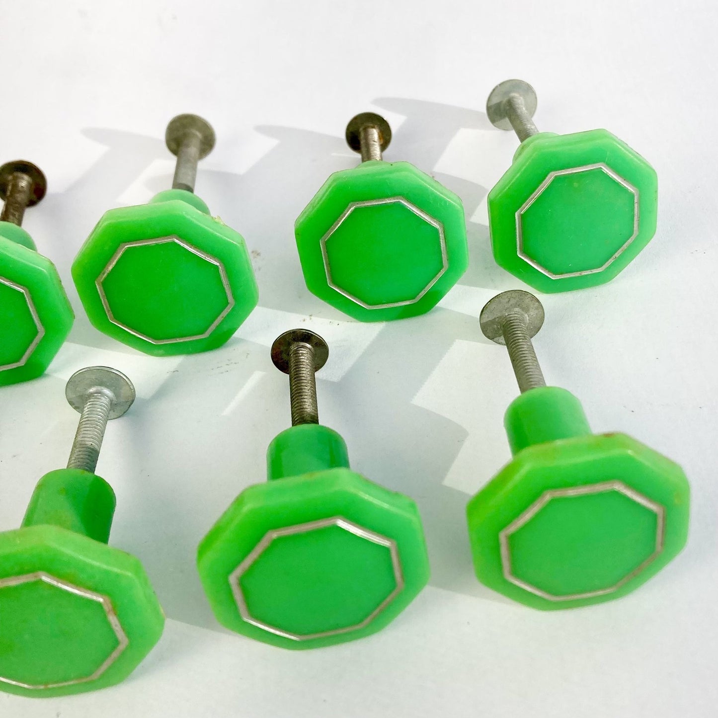 Vintage Lot 13 Bakelite Green Octagon Knobs 1-1/4" Art Deco Drawer Pulls