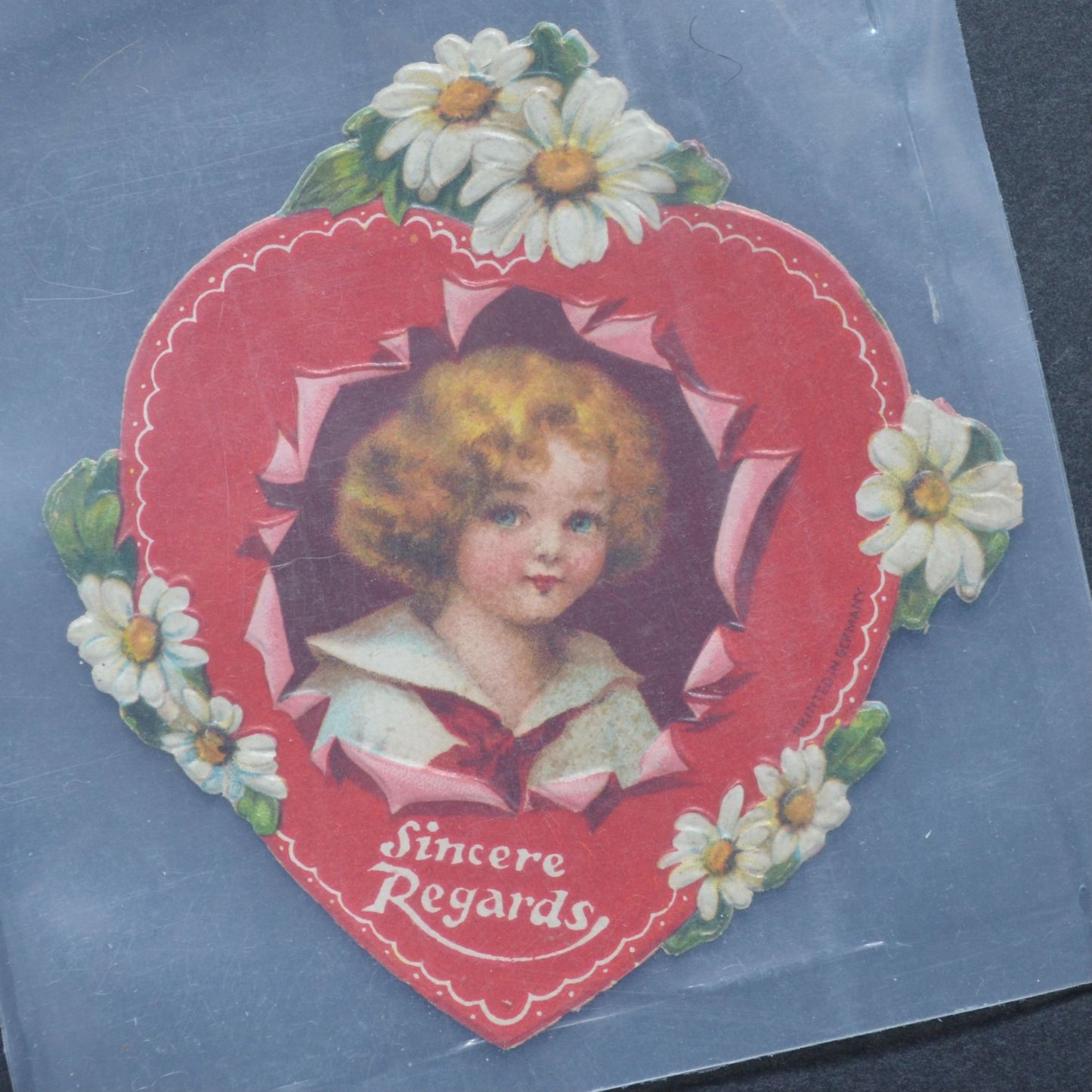 Antique Victorian Embossed Valentine Card Sincere Regards Girl Torn Heart