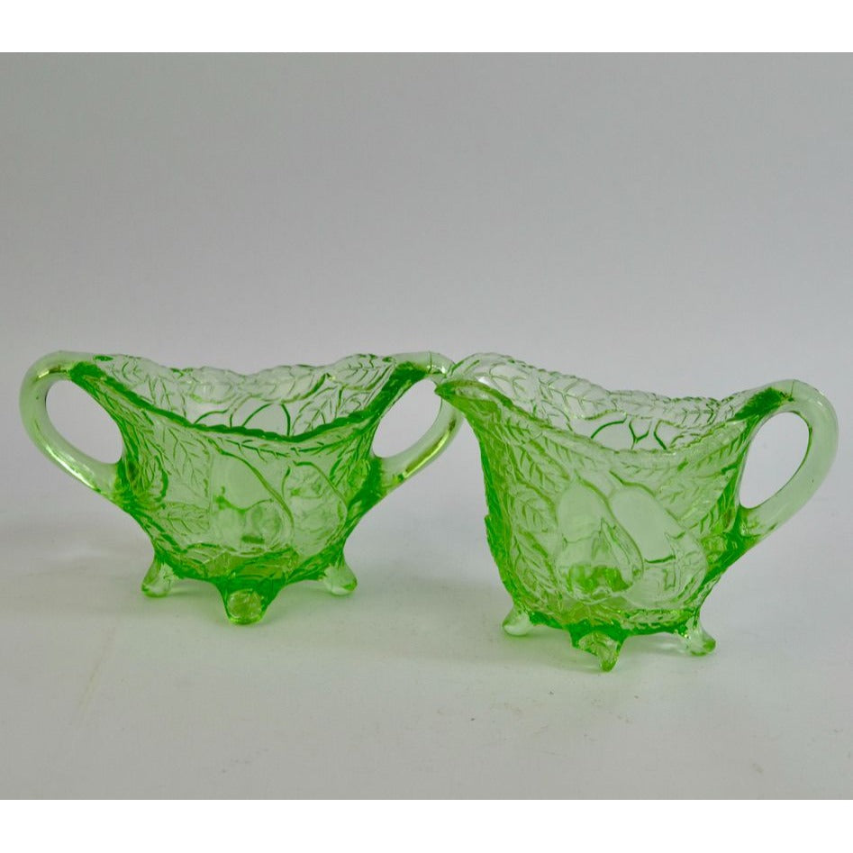 Indiana Glass Sweet Pear Uranium Vaseline Green Glass Creamer Sugar Vintage CHIP