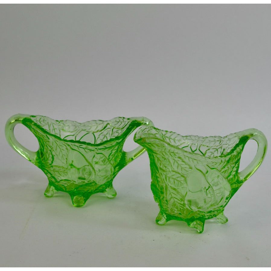 Indiana Glass Sweet Pear Uranium Vaseline Green Glass Creamer Sugar Vintage CHIP