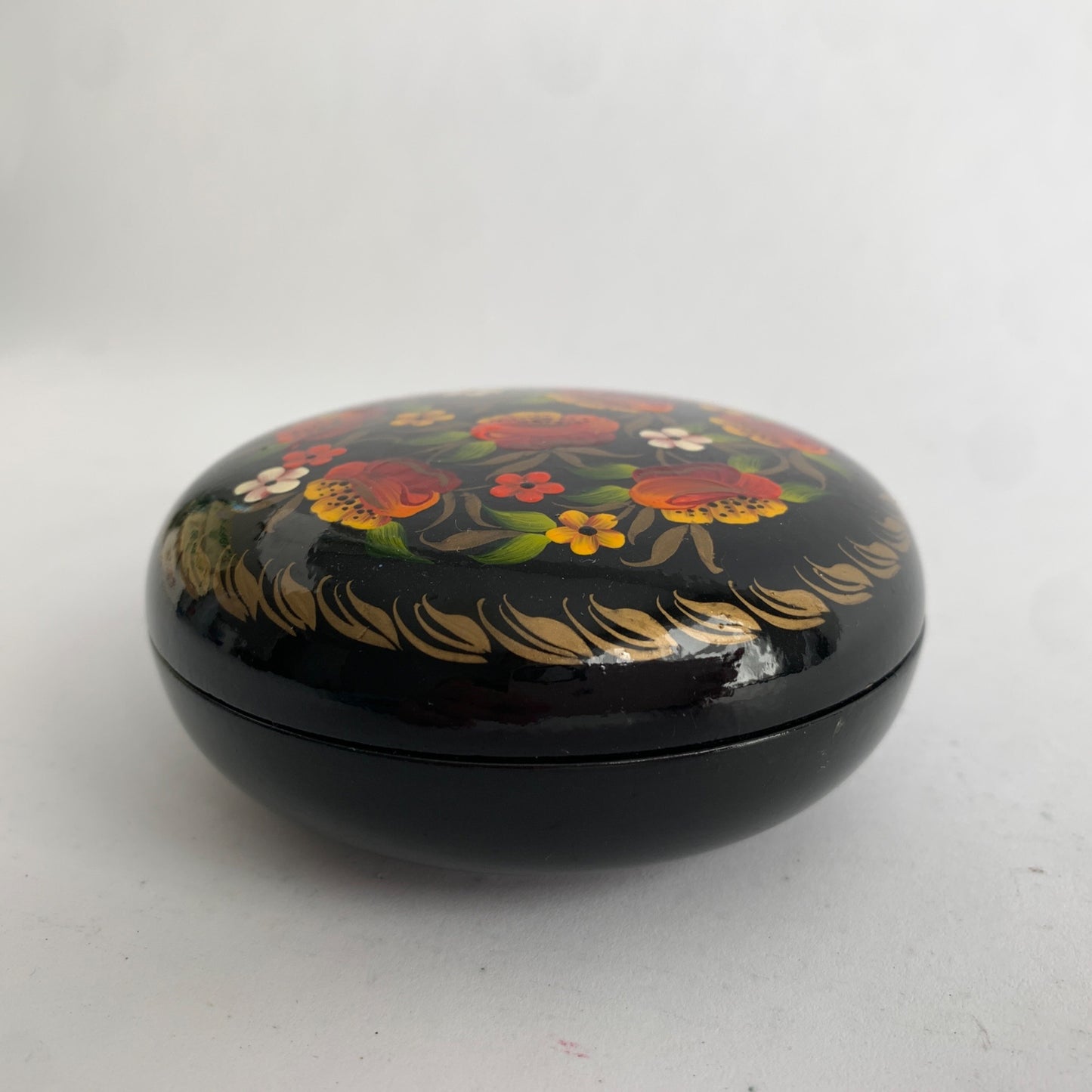 Vintage Ukraine Ukrainian Hand-painted Trinket Bowl Dish Lidded Floral Lacquered