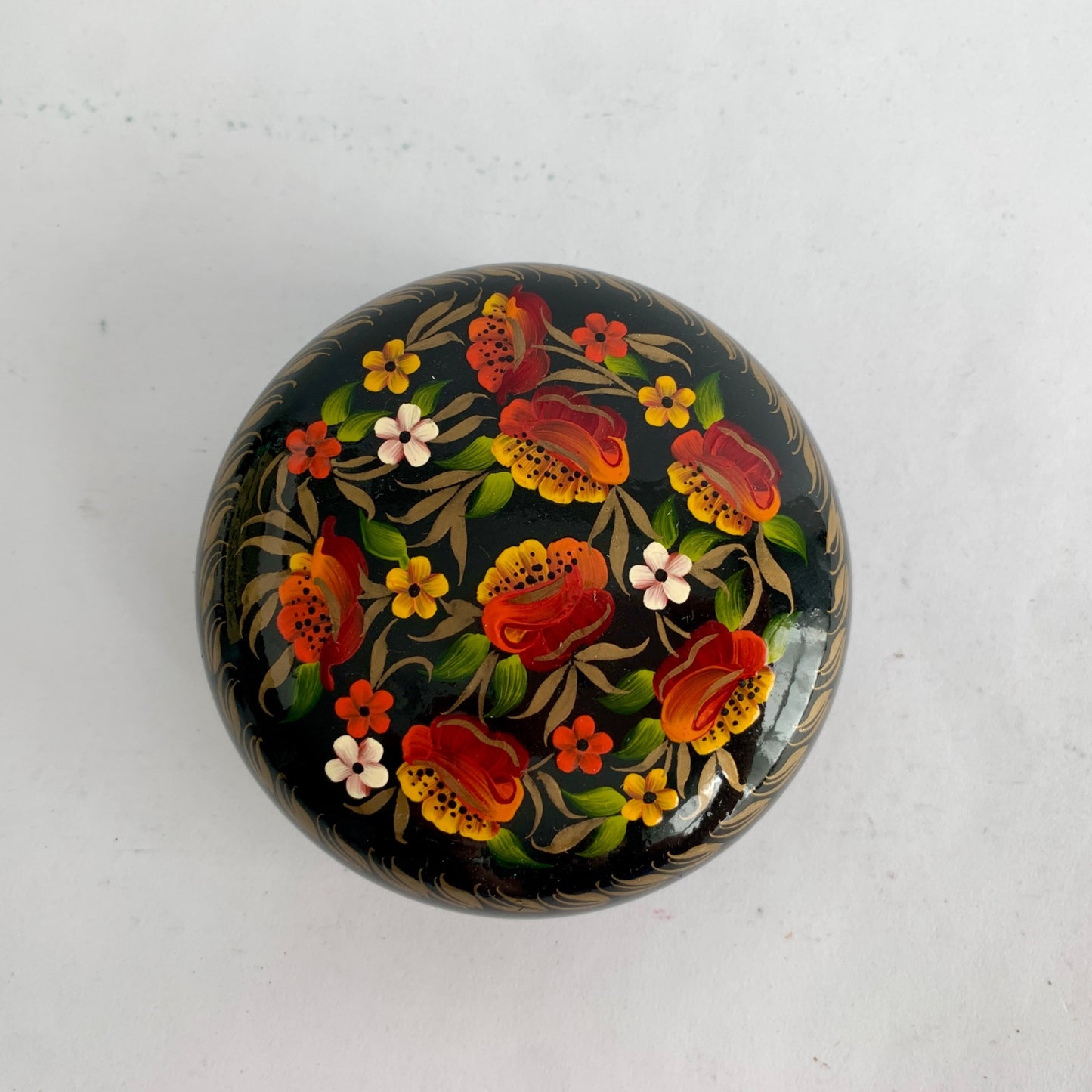 Vintage Ukraine Ukrainian Hand-painted Trinket Bowl Dish Lidded Floral Lacquered