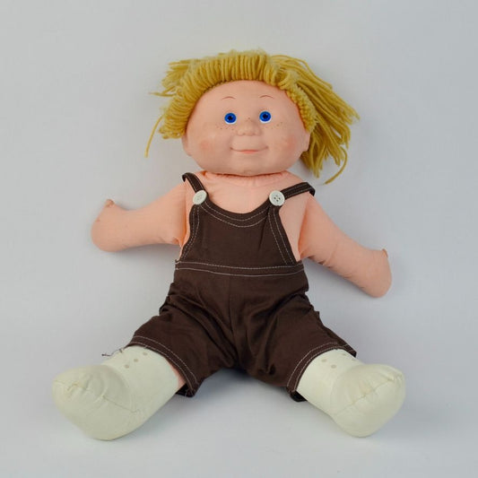Blue Box Flower Kid Doll Blonde Brown Overalls 1983 Vintage