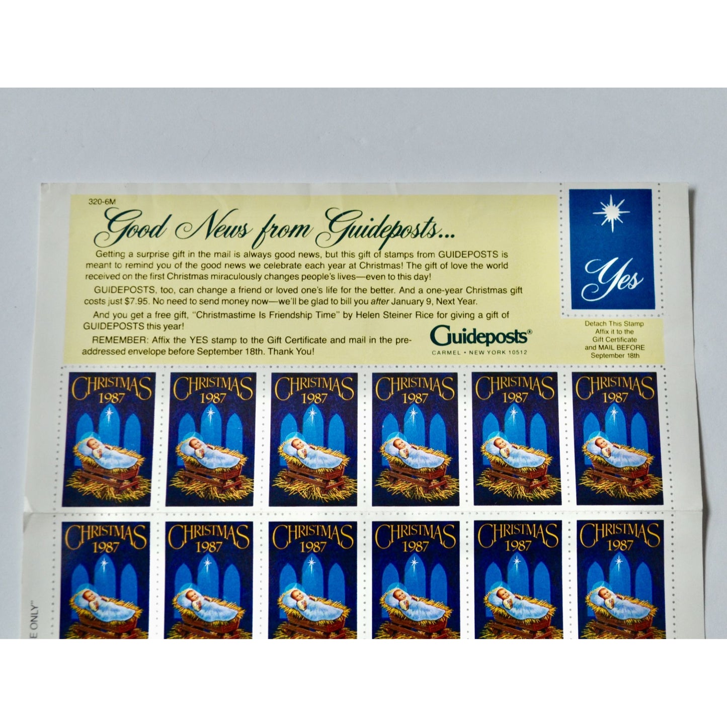 Guideposts 1987 Christmas Stamps Full Sheet of 30
