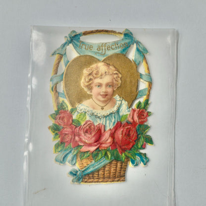 Vintage Valentine Card Lady Basket Flowers True Affection Small