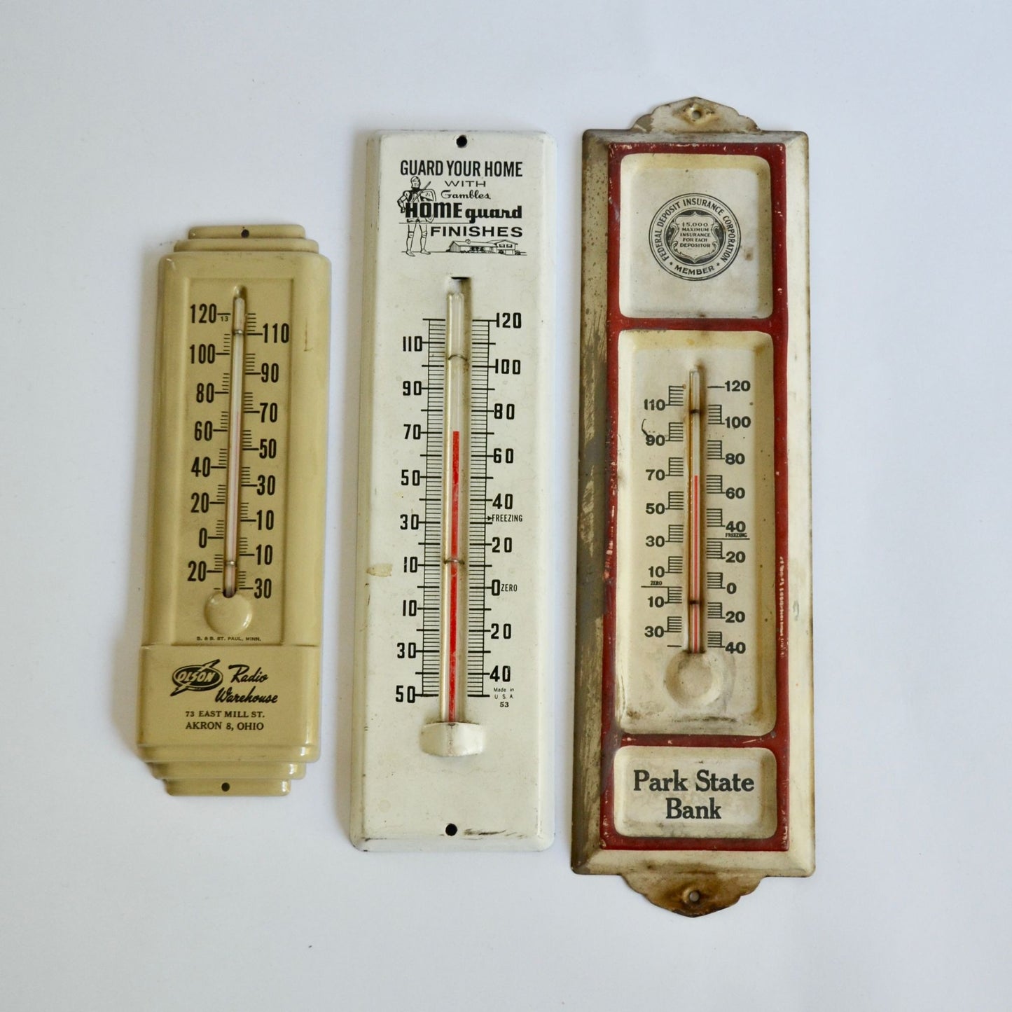 Lot 3 Vintage Thermometers Local Advertising Radio Warehouse Park State Bank