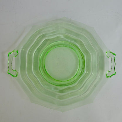 Jenkins Ocean Wave Vaseline Uranium Glass Cake Plate Handled Vintage