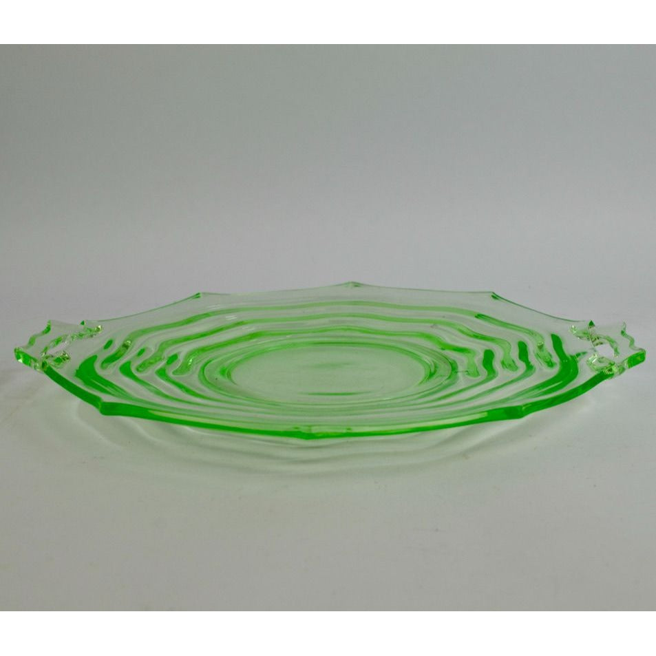 Jenkins Ocean Wave Vaseline Uranium Glass Cake Plate Handled Vintage