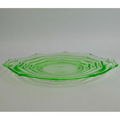 Jenkins Ocean Wave Vaseline Uranium Glass Cake Plate Handled Vintage