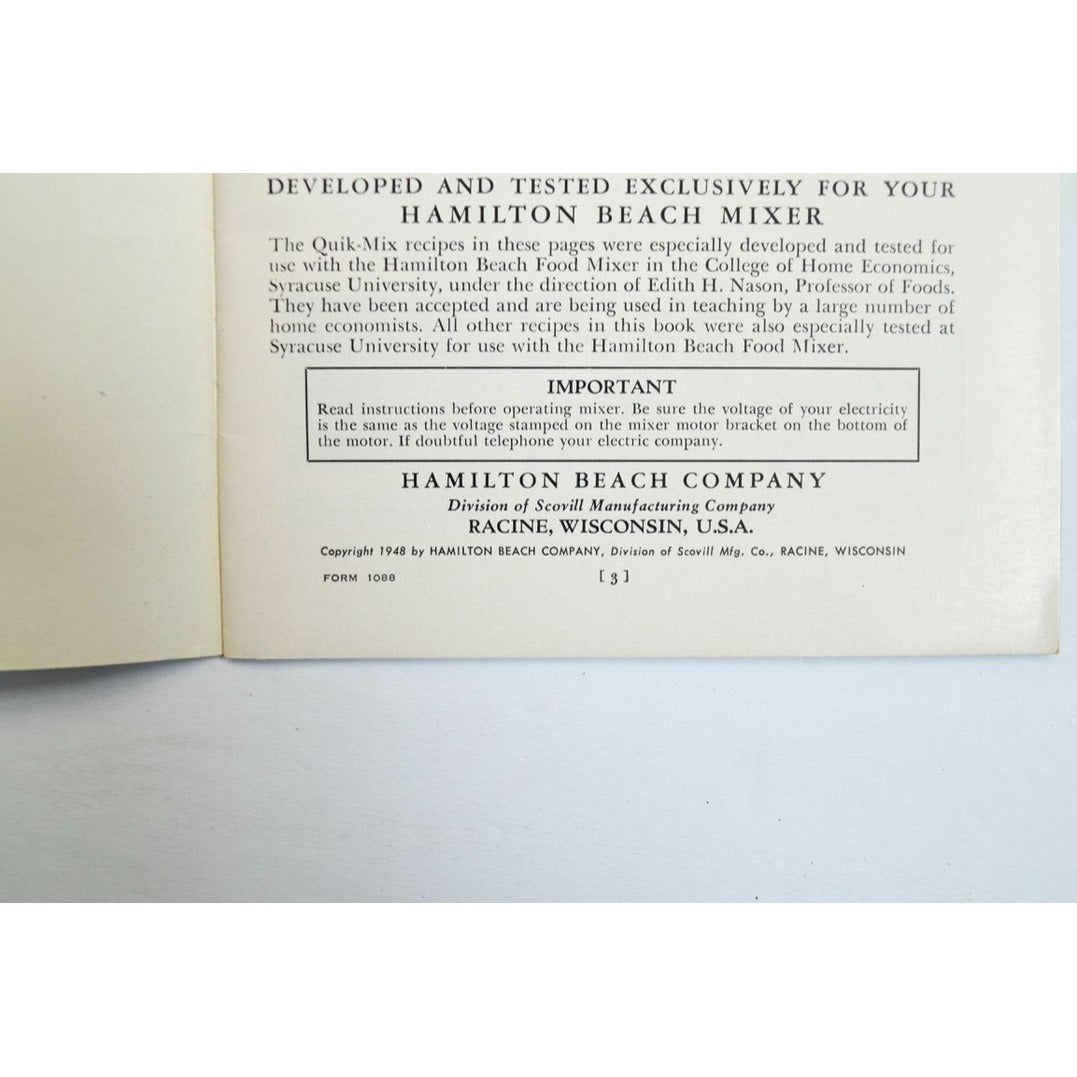 1948 Hamilton Beach Food Mixer Instructions and Tested Recipes Book Vintage