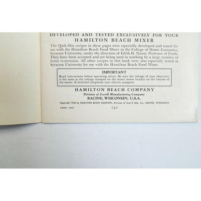1948 Hamilton Beach Food Mixer Instructions and Tested Recipes Book Vintage