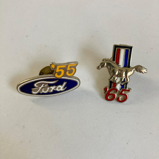 Lot 2 Vintage Ford Pins 1955 & 1965 Mustang Tri-Color Logo Hat Jacket