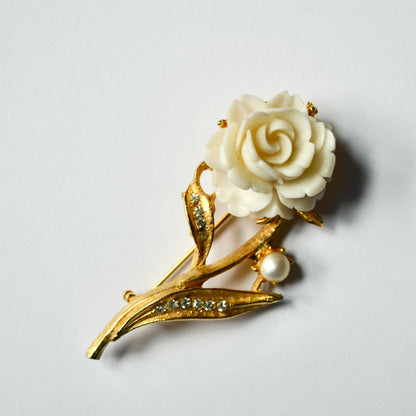 BSK Signed Celluloid Carved Rose Pearl Gold Brooch Vintage