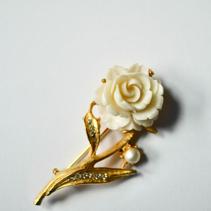 BSK Signed Celluloid Carved Rose Pearl Gold Brooch Vintage