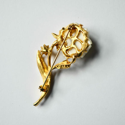 BSK Signed Celluloid Carved Rose Pearl Gold Brooch Vintage
