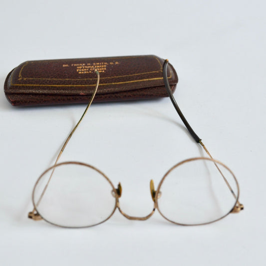 Vintage Wire Rim Eyeglasses Gold w/ Case Antique Bifocal Glasses