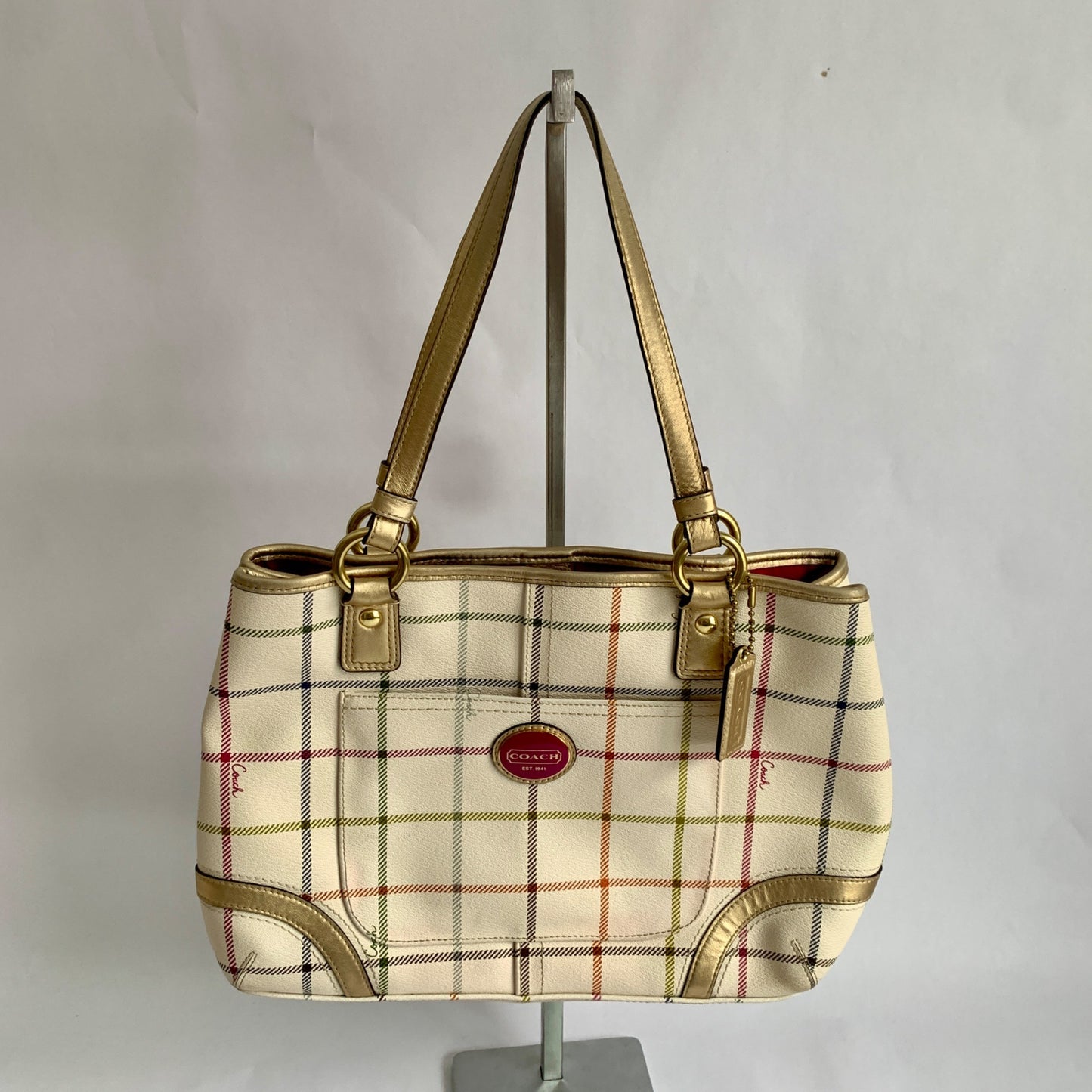 Coach Peyton Tattersall Plaid Satchel Shoulder Bag Purse Cream