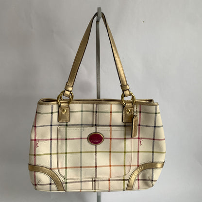 Coach Peyton Tattersall Plaid Satchel Shoulder Bag Purse Cream