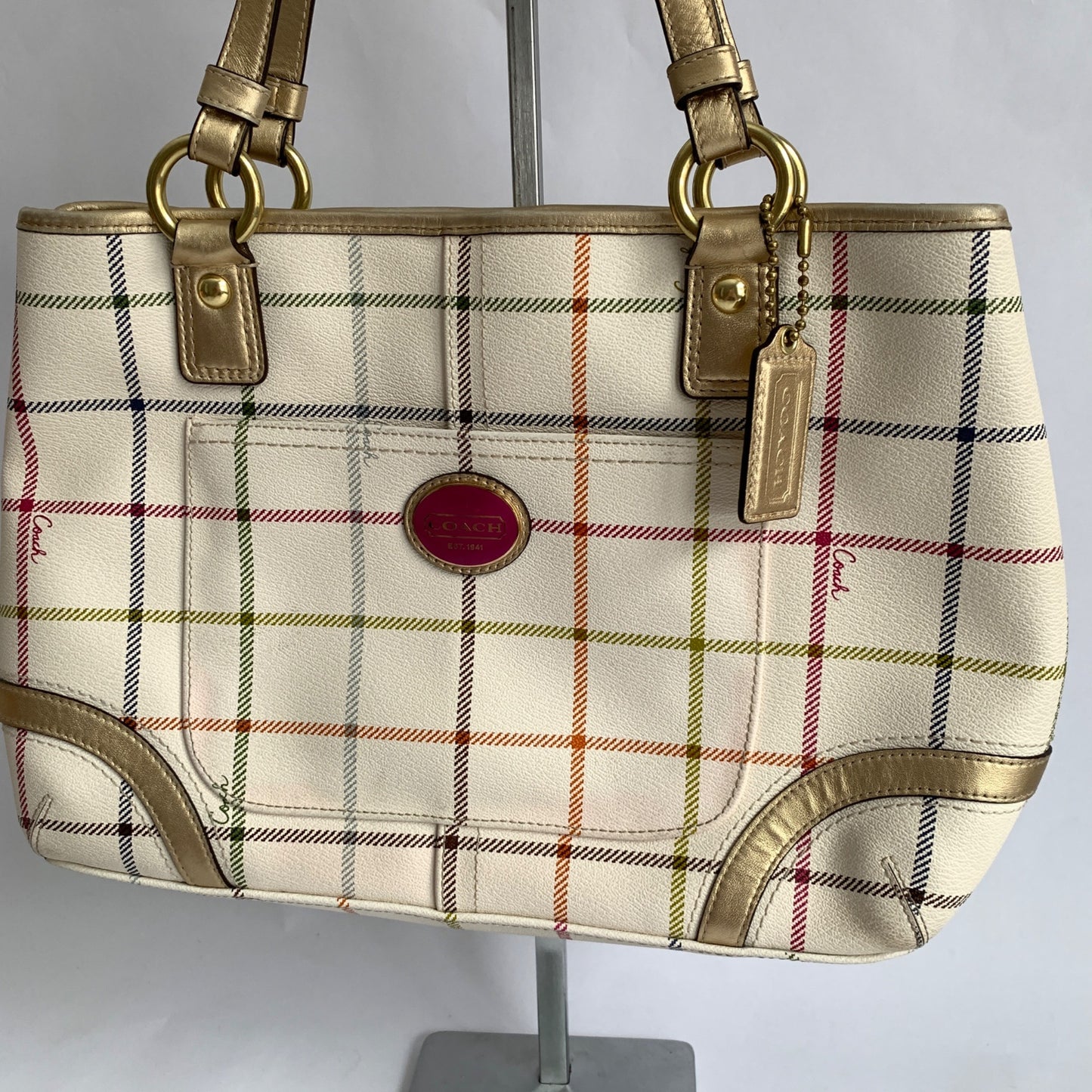 Coach Peyton Tattersall Plaid Satchel Shoulder Bag Purse Cream