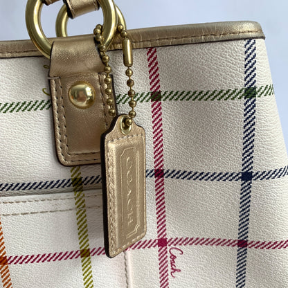 Coach Peyton Tattersall Plaid Satchel Shoulder Bag Purse Cream