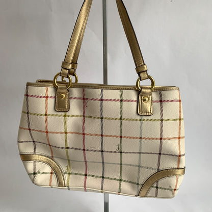 Coach Peyton Tattersall Plaid Satchel Shoulder Bag Purse Cream