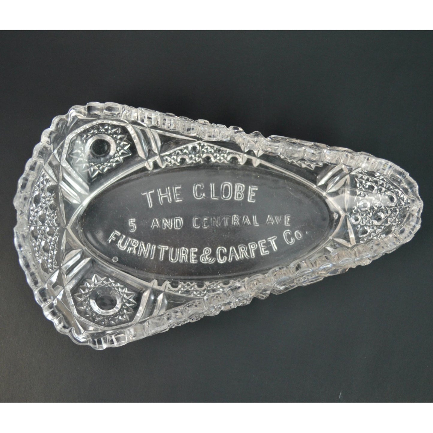 Relish Pickle Dish Fentec EAPG Clear Cut The Globe Furniture & Carpet Co. Advertising