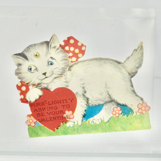 Vintage Valentine's Day Card White Cat Purr-Lightly Mechanical