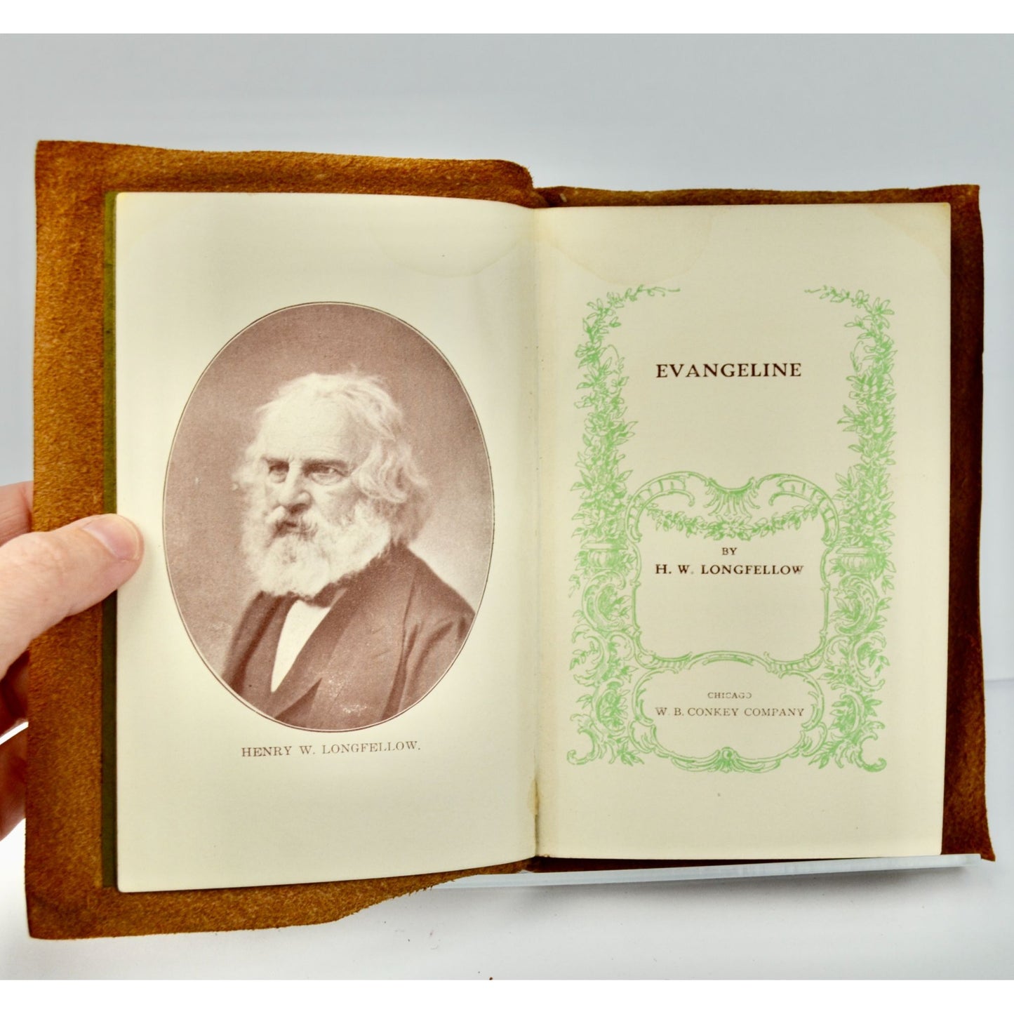 Antique Handpainted Leather Cover Evangeline Longfellow Book