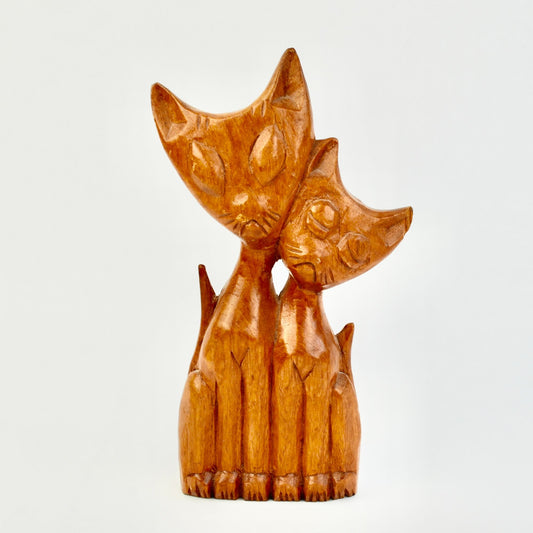 Vintage MCM Hand Carved Wooden Siamese Cat Figurine Pair Teak Folk Art