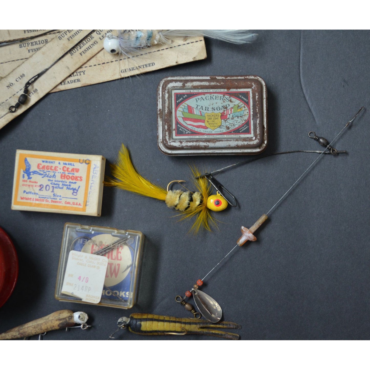 Vintage Fishing Lure Lot Jigs Leaders Hooks