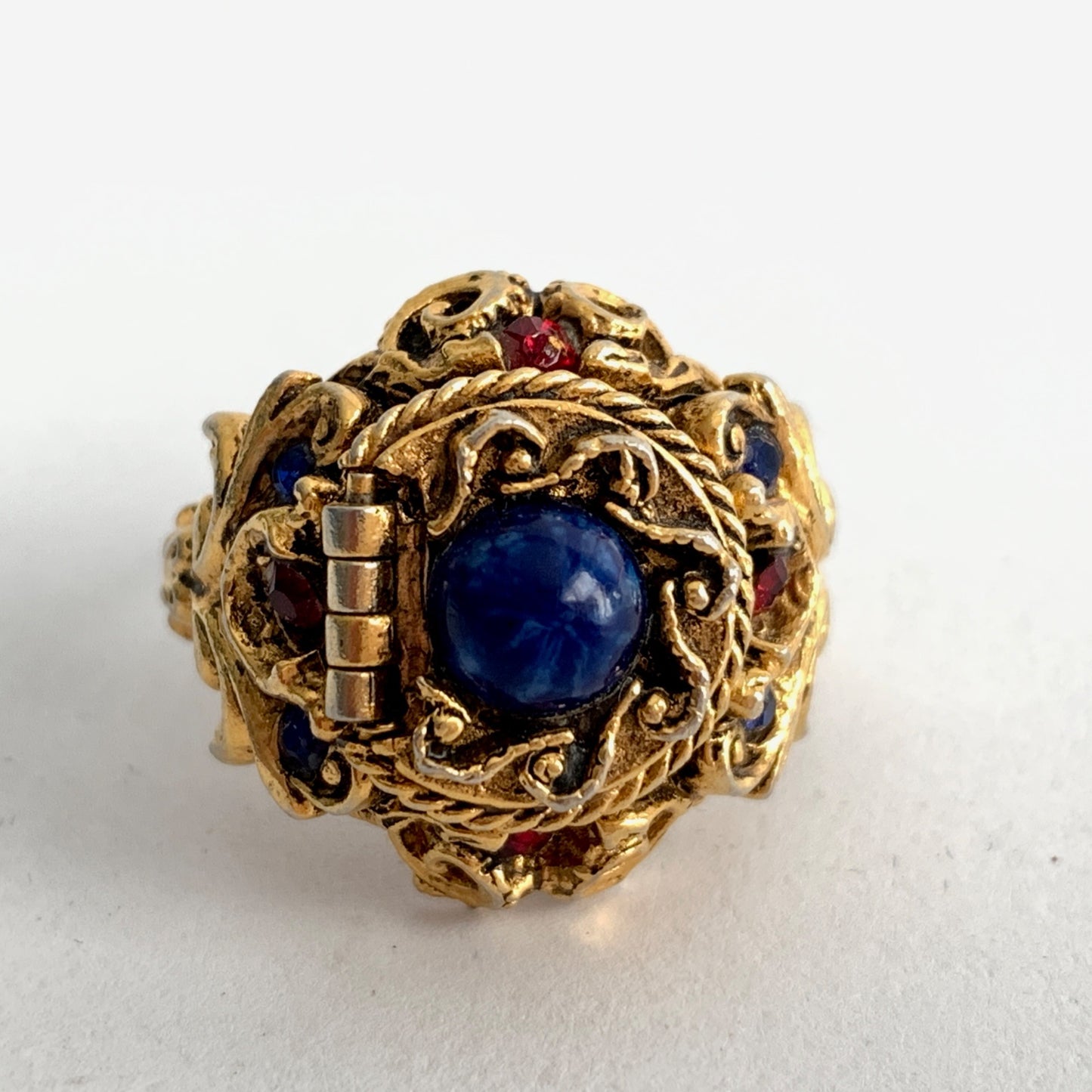 Vintage ART Arthur Pepper Signed Poison Ring Gold Blue Red Stones Adjustable