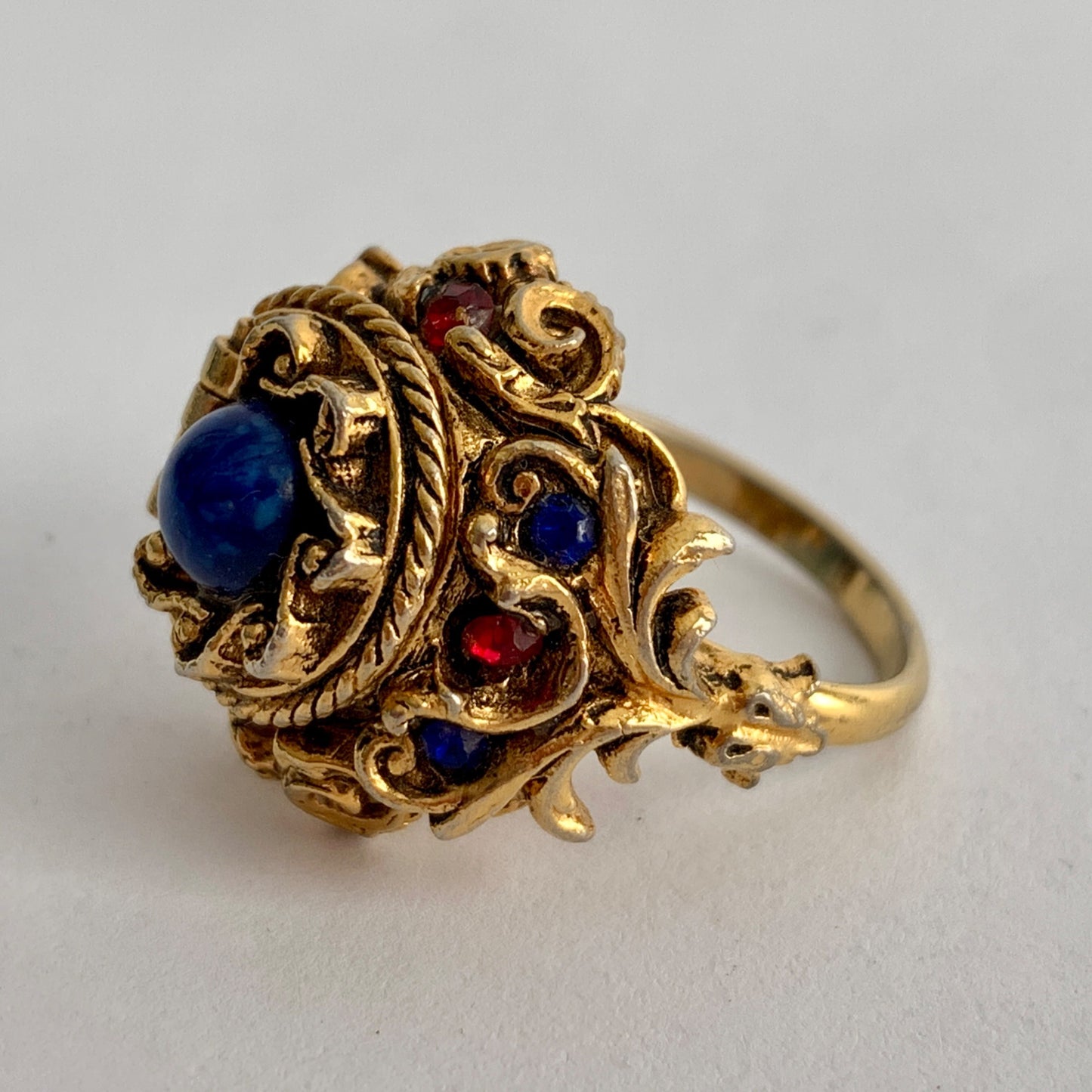 Vintage ART Arthur Pepper Signed Poison Ring Gold Blue Red Stones Adjustable